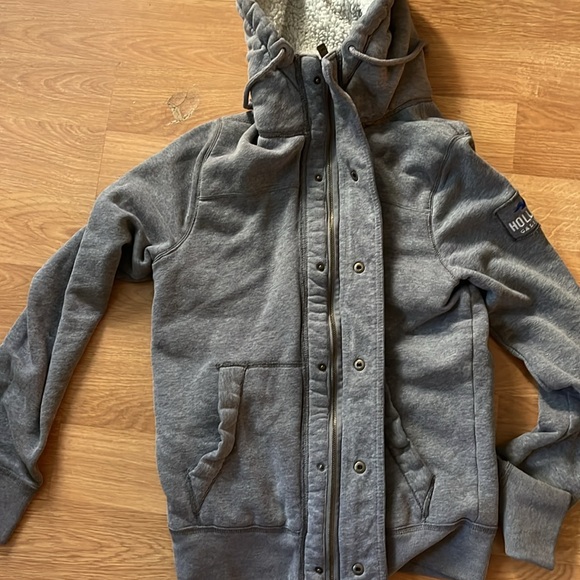 Hollister Gray/Blue Quilted Fleece Hood Jacket EUC Medium Button/Zip up - Picture 7 of 12